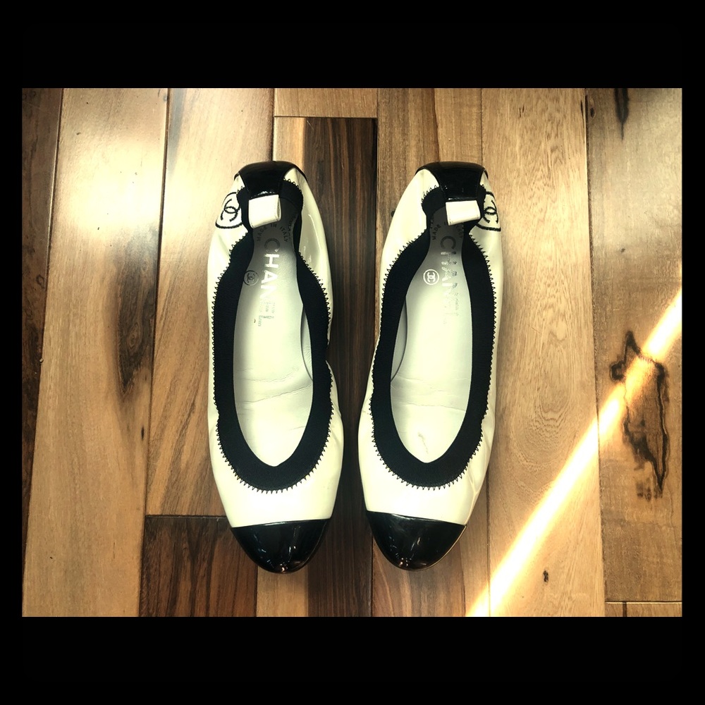 Chanel, white and black patent leather, flats